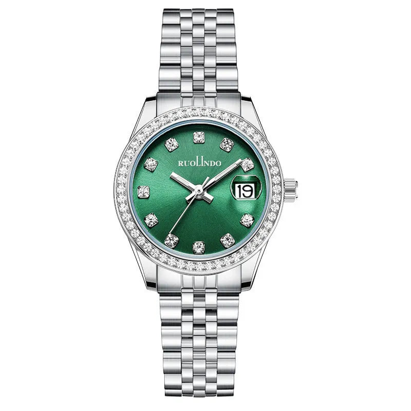Women's silver alloy calendar watch with circular 32mm dial and stainless steel folding buckle