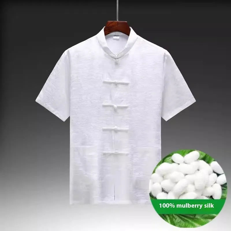 Men's Chinese Tang suit in mulberry silk showing traditional styling