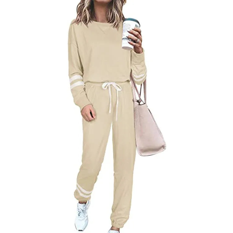 Women's plus size casual suit with long sleeve top and trousers in cotton blend fabric