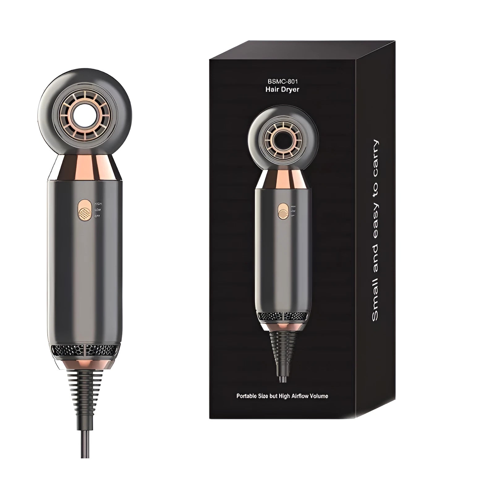 Compact hair dryer with diffuser attachment showing 20cm length scale