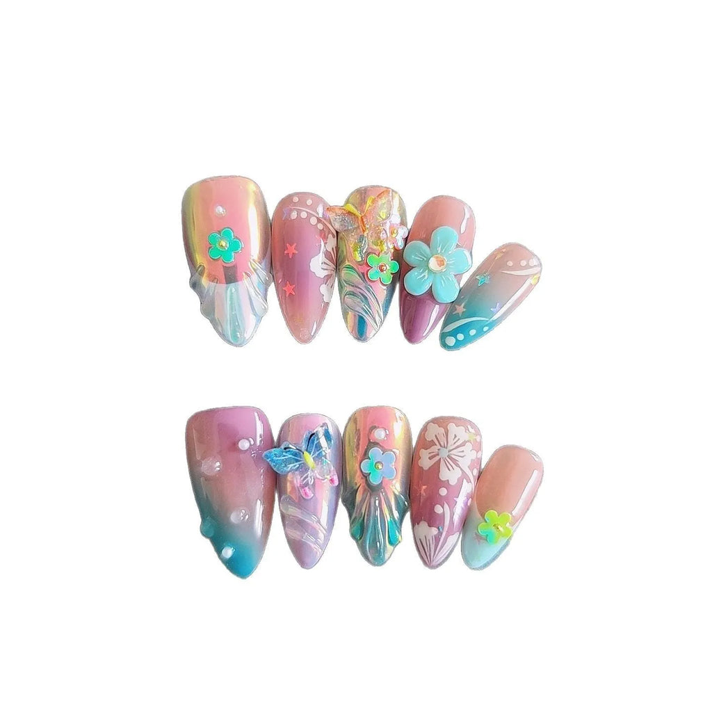 Handmade colourful nail sculpture set with small flower and butterfly designs in four sizes