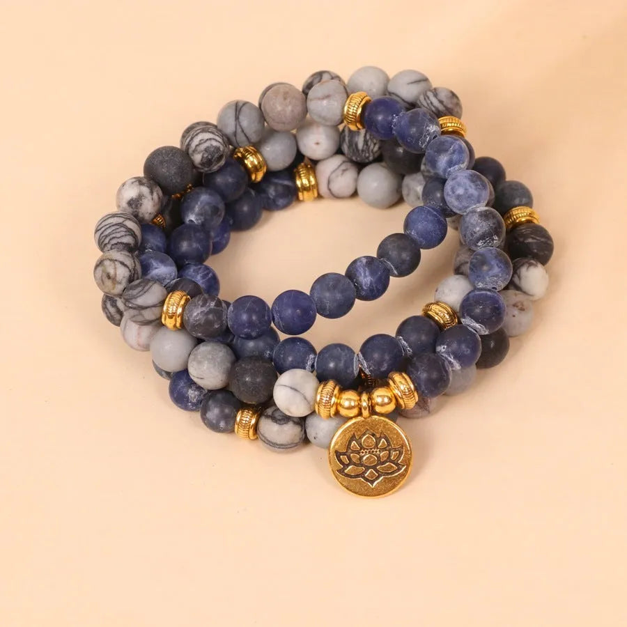 Blue patterned network stone bead multi-layer bracelet with alloy metal details