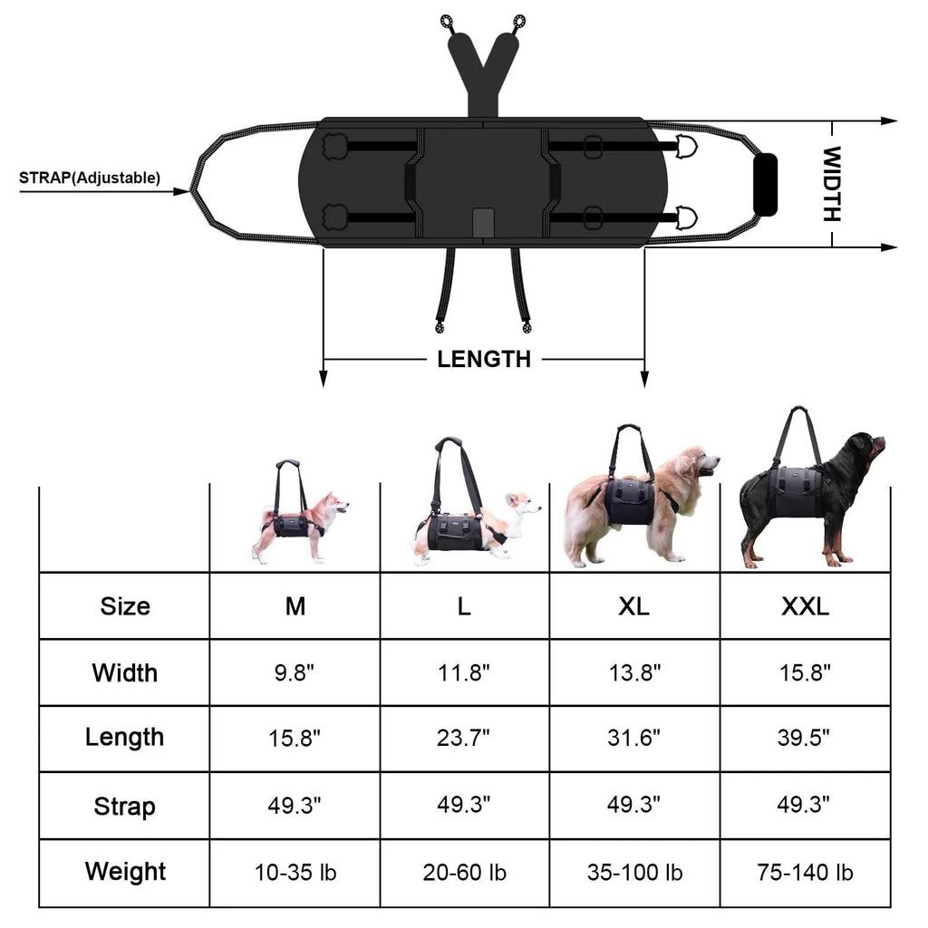 Black Oxford cloth dog harness showing chest strap and leg support system for rehabilitation and outdoor use.