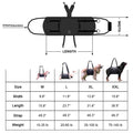 Black Oxford cloth dog harness showing chest strap and leg support system for rehabilitation and outdoor use.