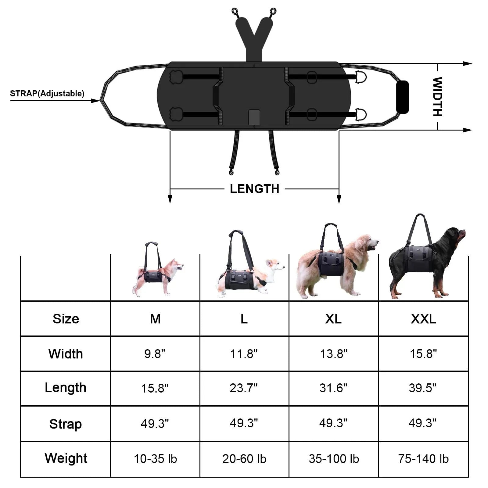 Black Oxford cloth dog harness showing chest strap and leg support system for rehabilitation and outdoor use.