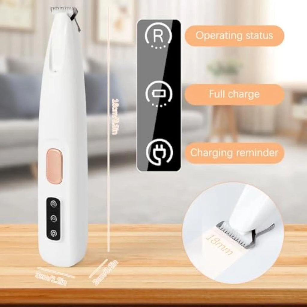 White rechargeable electric dog paw trimmer with LED light on a compact handheld unit.