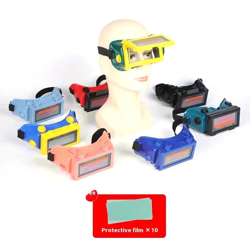 Light-changing electric welding glasses head-mounted type in green with flip dimmer and protective films
