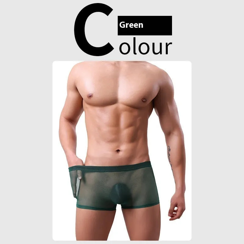 Men's mesh boxer briefs in black, white, green, sapphire blue, skin colour, or pink