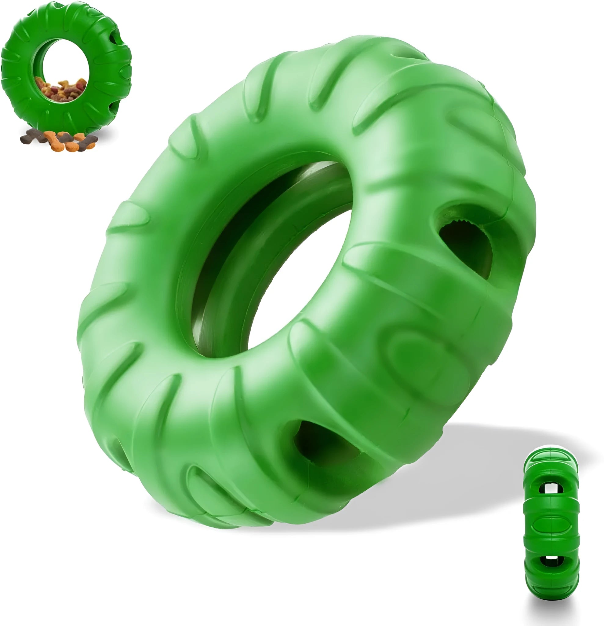 Blue, green, and red tyre-shaped dog chew toy with oval openings, a slow feeder and treat dispenser.