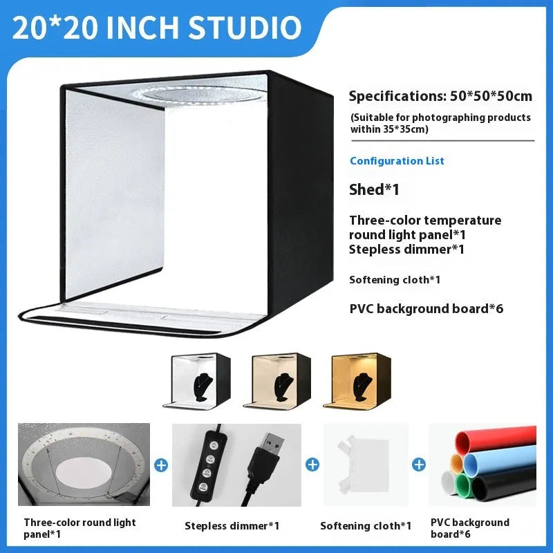 50cm studio light box with metal frame and USB-powered three-colour lighting panel