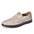 Men's brown casual slip-on shoes with round toe, flat heel, and sewn sole detailing.