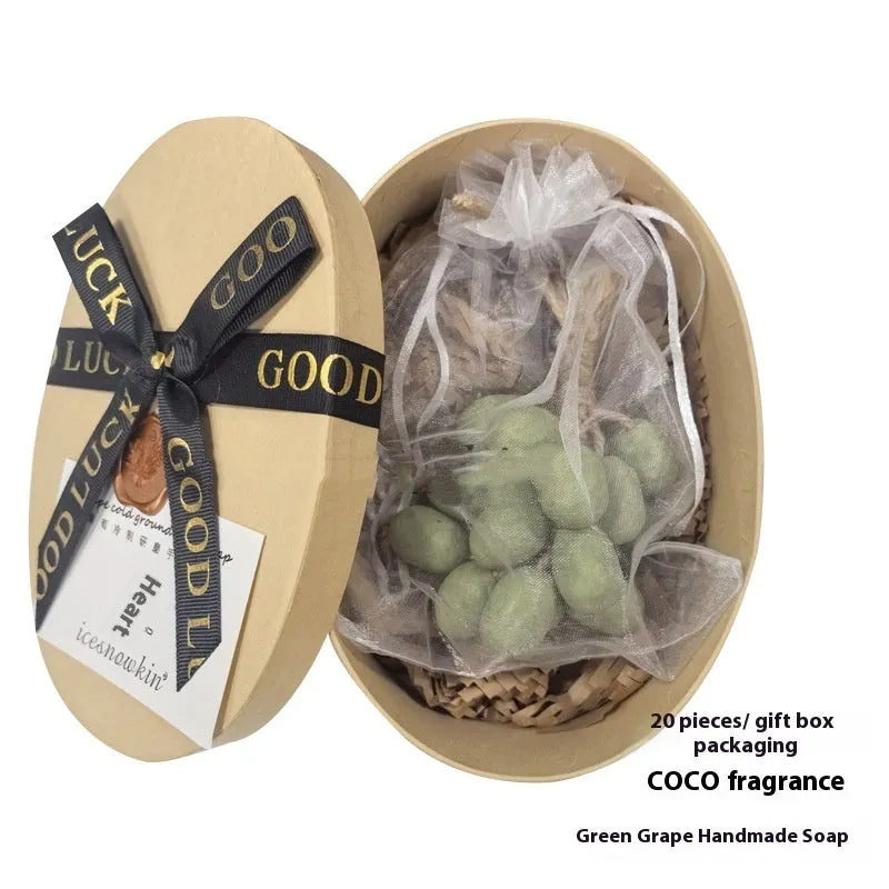 A 120g bar of handmade grape soap with options for black, green, purple, and litchi fragrance.