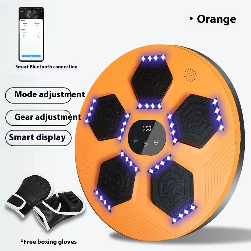 Smart music boxing machine reaction target with LED lights hanging on wall, includes boxing gloves