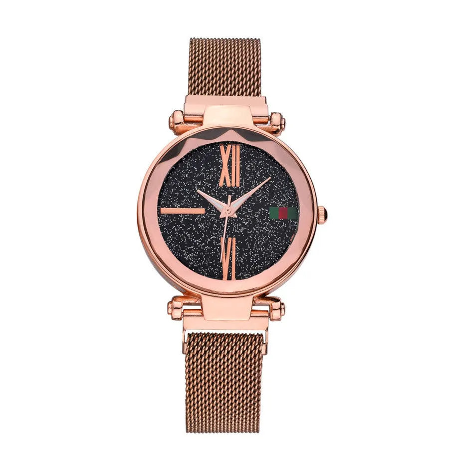 Women's magnetic clasp watch with round dial on stainless steel strap in six colour options.