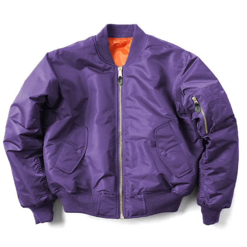 Men's loose fit cotton-padded nylon pilot jacket in army green on a hanger.
