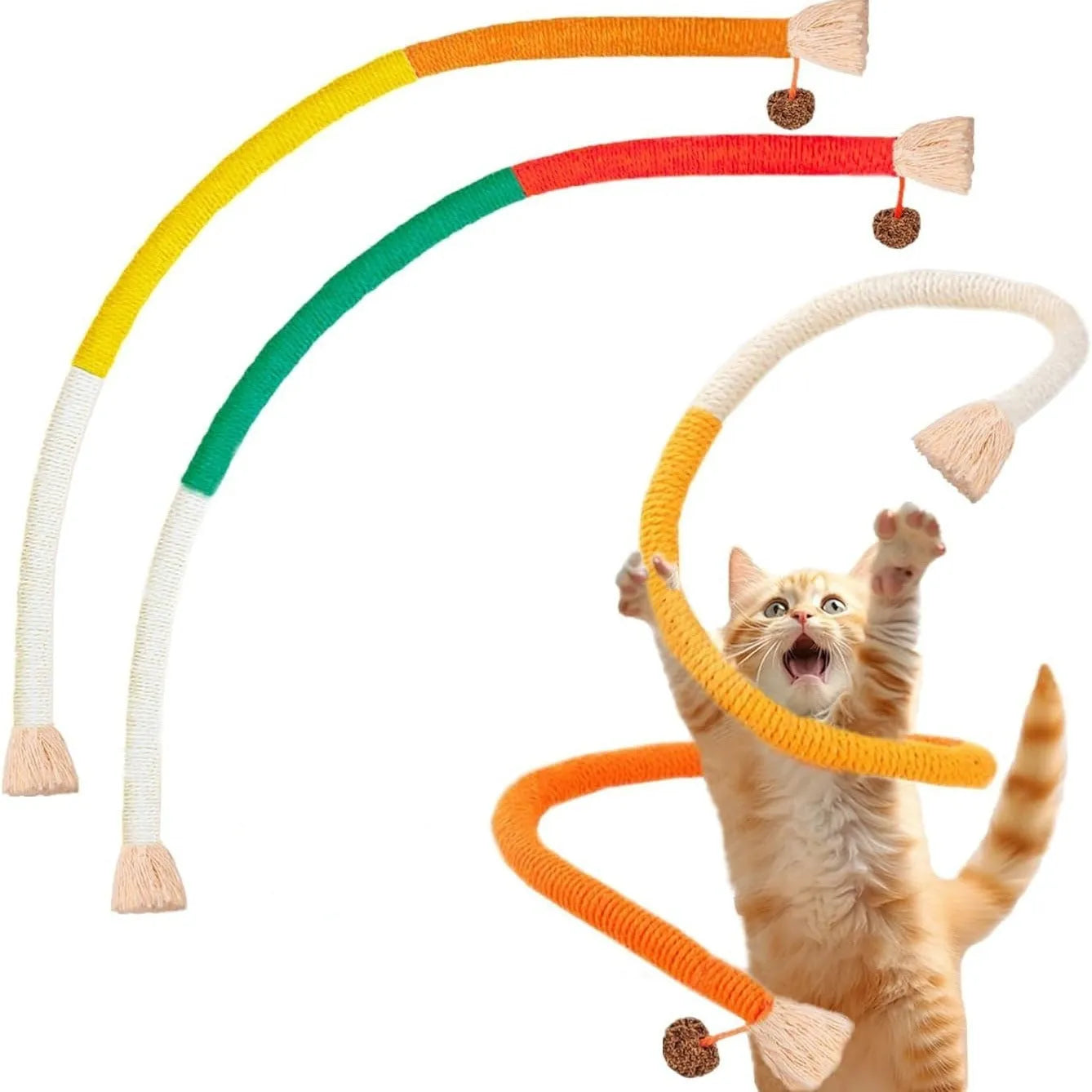 70cm long cat bite rope toy in colours purple, orange, and red with green, made of cotton string.