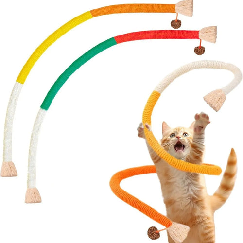 70cm long cat bite rope toy in colours purple, orange, and red with green, made of cotton string.