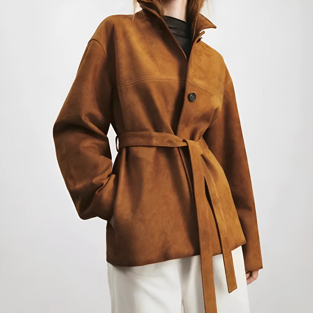 Mid-length retro cashmere coat with Peter Pan collar and genuine leather stitching in Caramel Mocha colour
