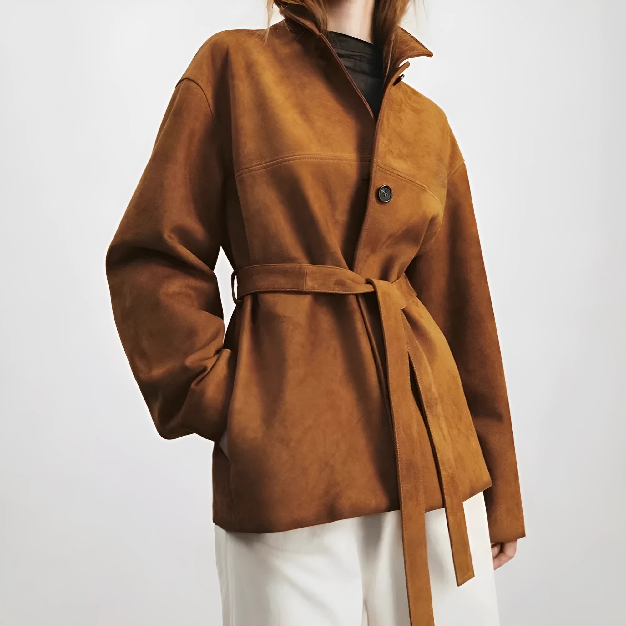 Mid-length retro cashmere coat with Peter Pan collar and genuine leather stitching in Caramel Mocha colour
