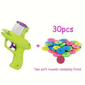 Battery-free interactive cat toy launcher with colourful foam discs on purple base