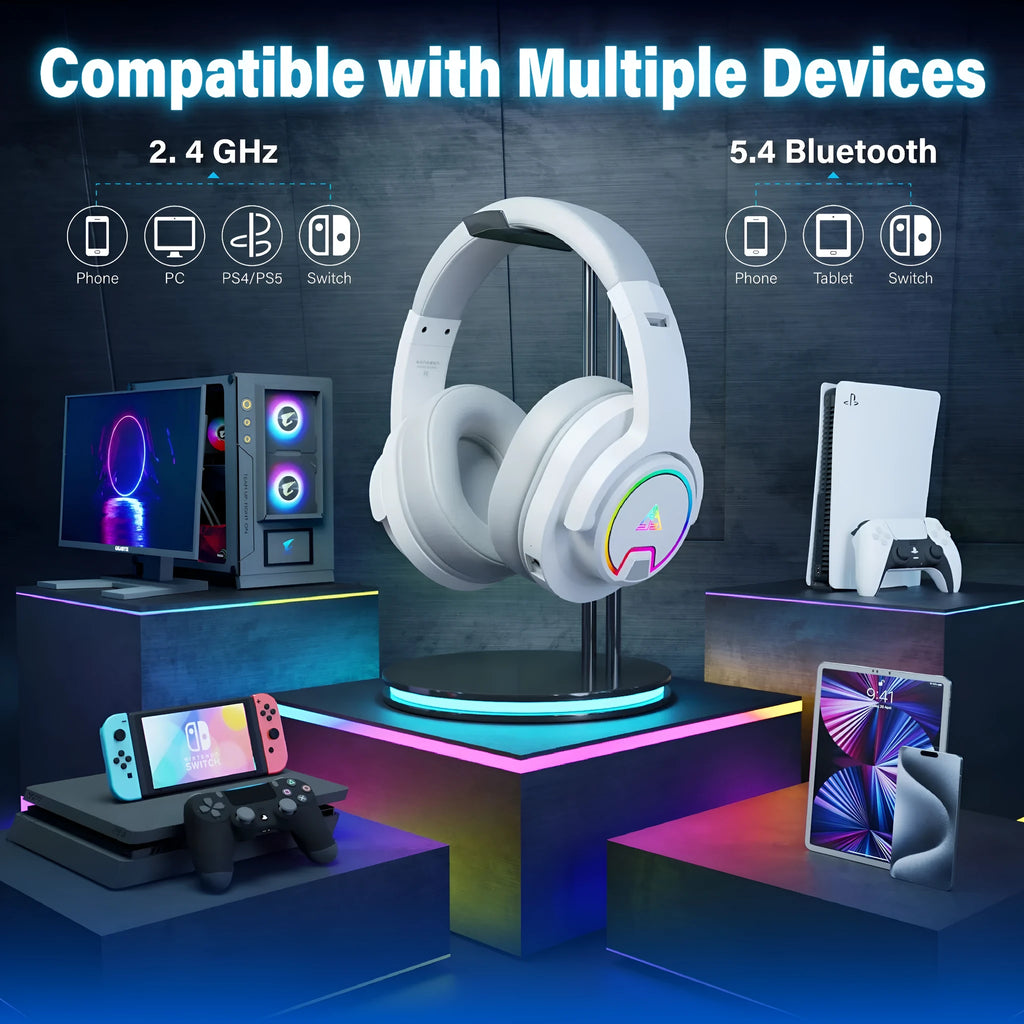 Low-latency head-mounted luminous gaming headset with 50mm speaker in white colour