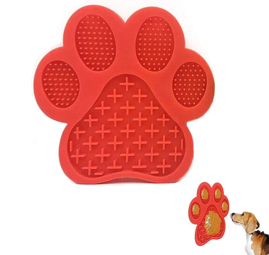 Blue bone-textured silicone dog licking mat with suction cups on a white tile background.