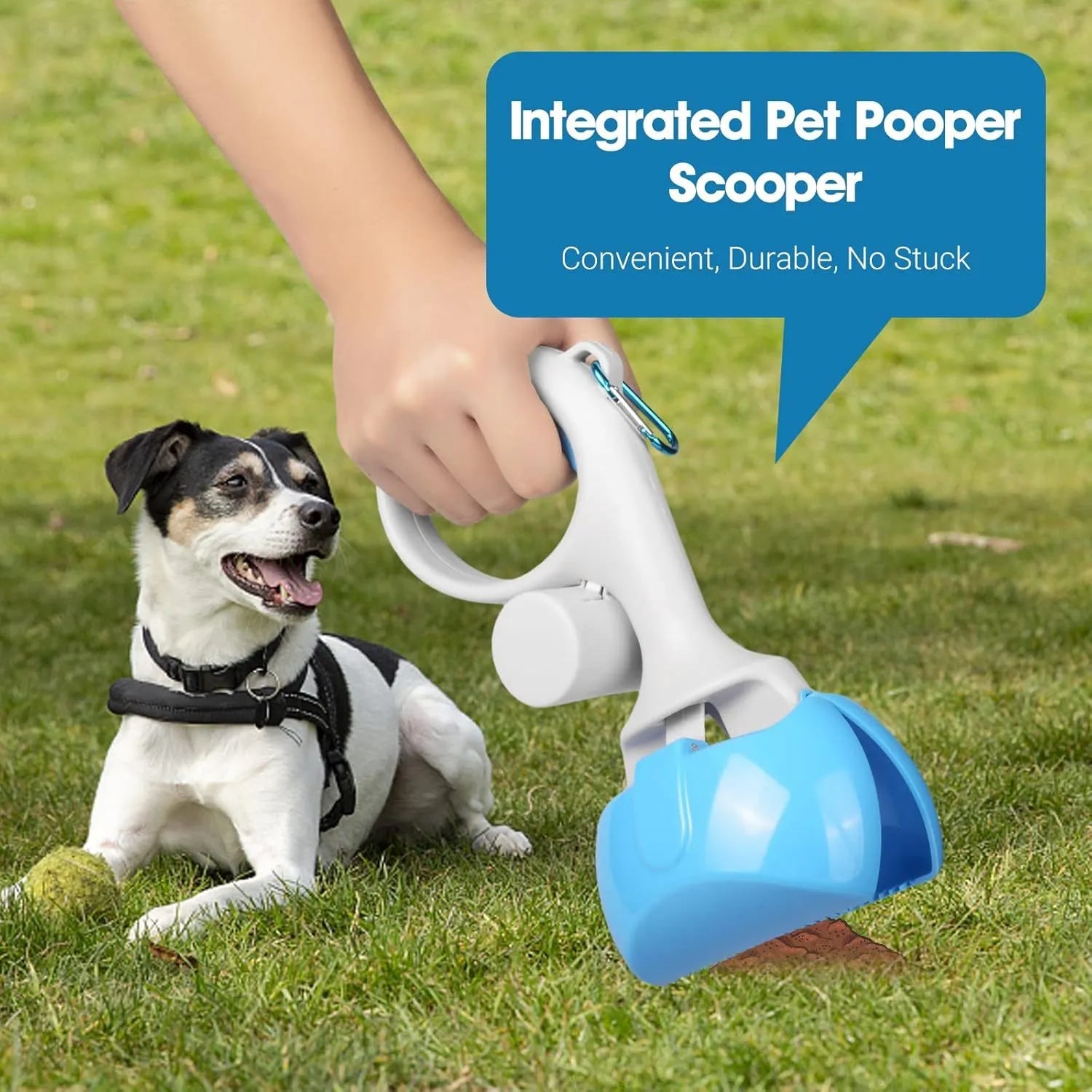Heavy-duty ABS plastic pet pooper scooper with built-in trash bag holder and top carrying hook.