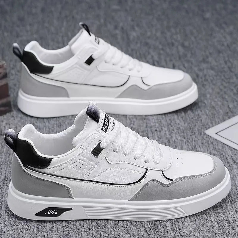 Men's low-top canvas board shoes in beige with leather stitching detail
