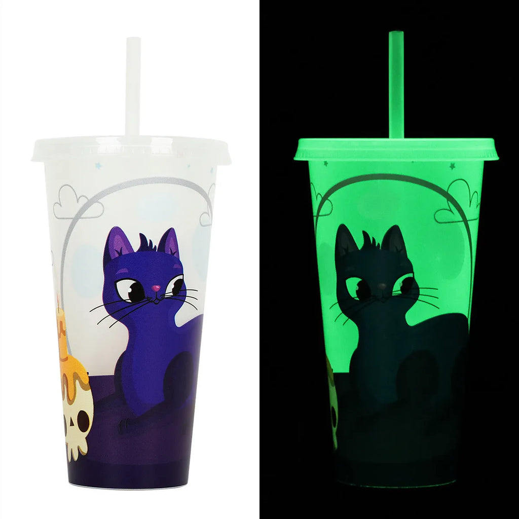 720ml Halloween luminous straw cup with cylindrical plastic design and built-in drinking straw