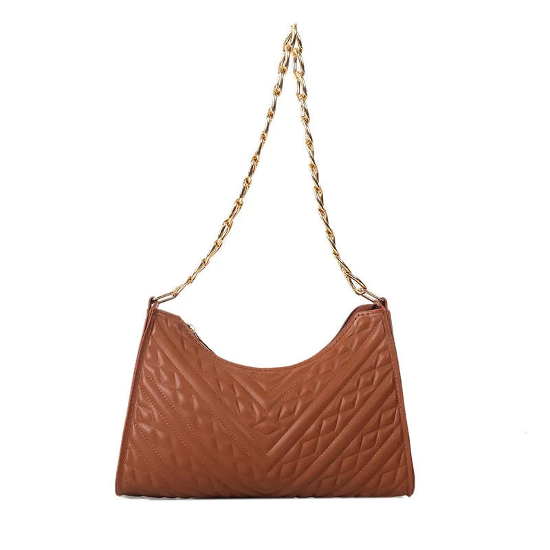 Soft PU leather pleated chain baguette shoulder bag in a vertical square shape, shown in brown colour.
