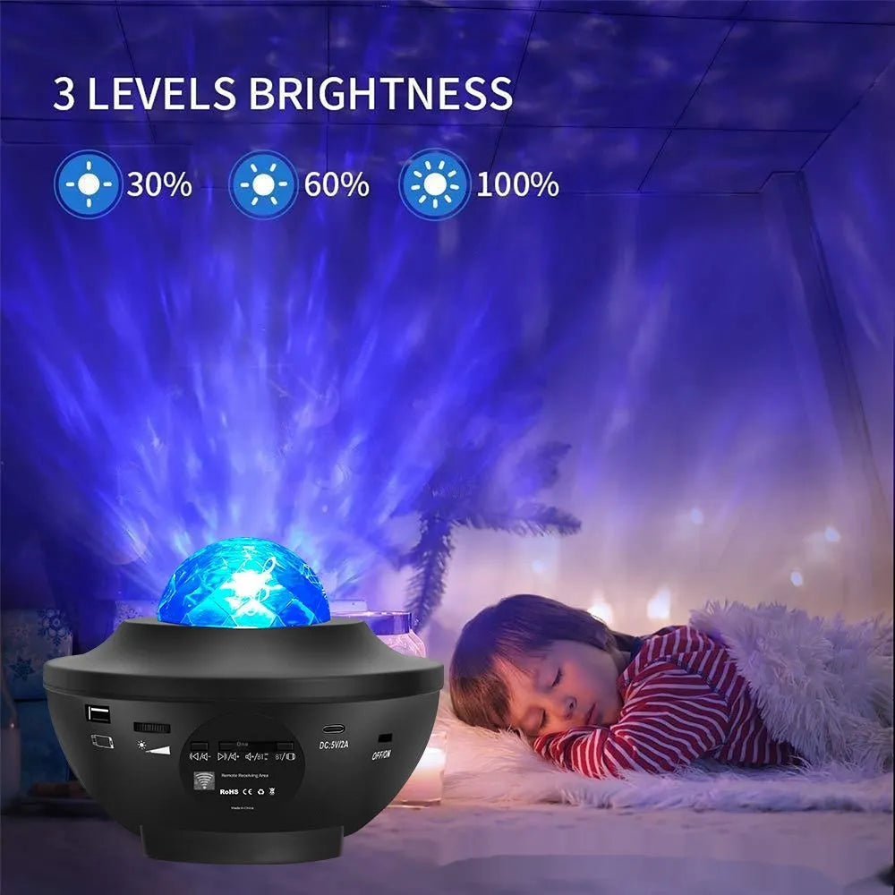 Black-parallel star projection lamp with rotating water ripple laser effects on desktop