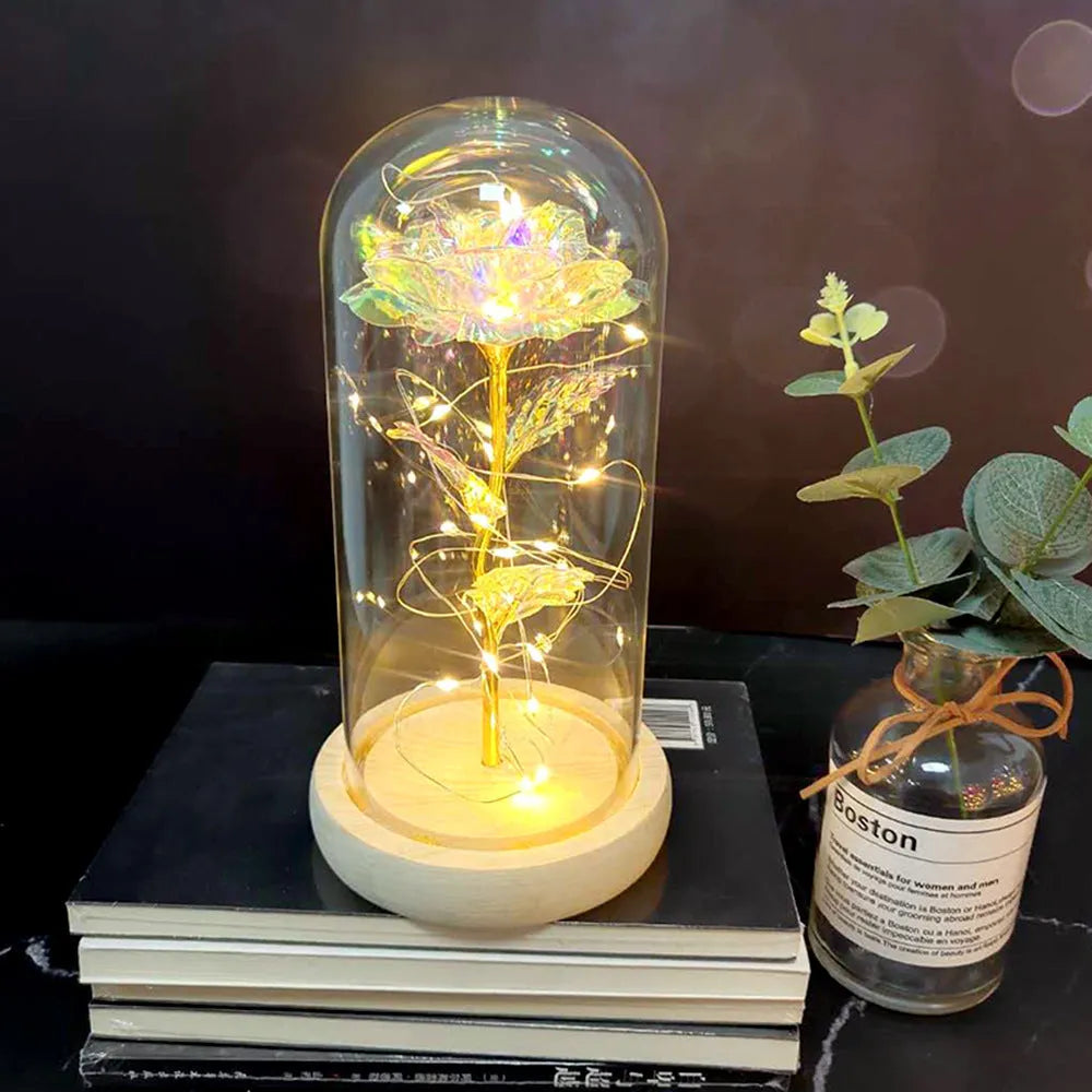Silk rose bouquet with LED string lights and glass cover for wedding decoration