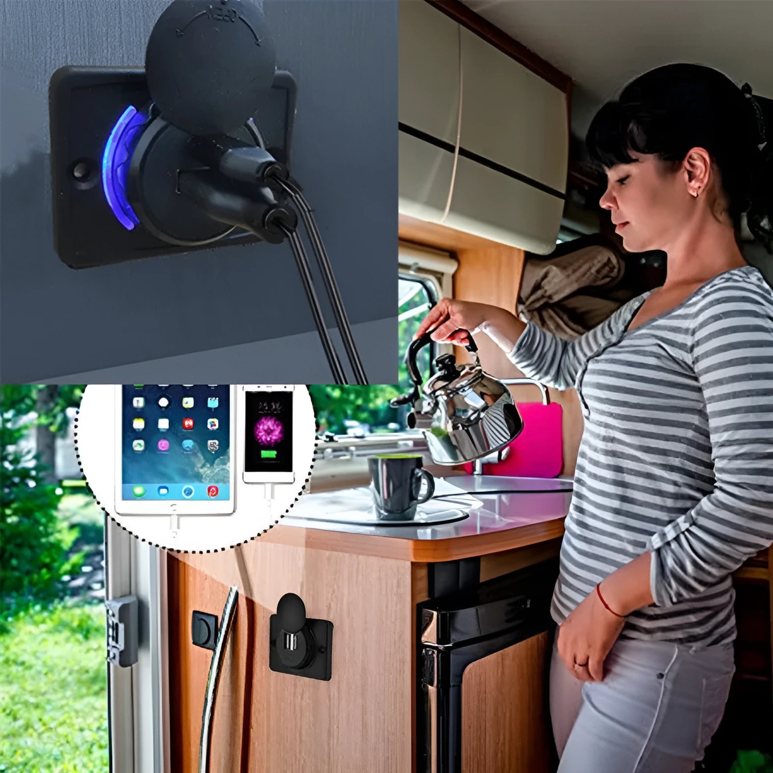 Black 12 volt car USB charger with 3.1 amp fast charging for vehicle installation