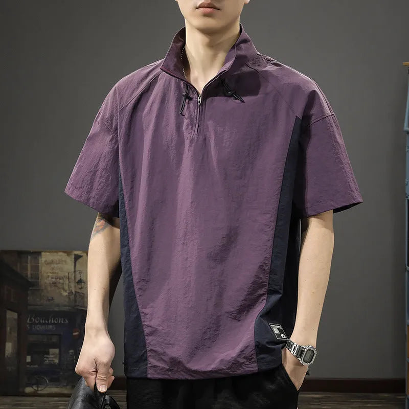 Men's brown half-zip stand collar business casual shirt with short sleeves and Ice Silk fabric texture