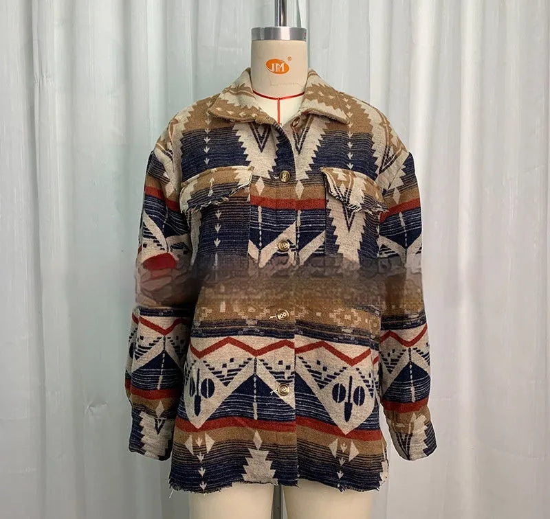Women's retro style Aztec printed jacket in woolen cotton blend fabric, loose fit with long sleeves