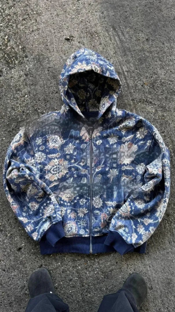 Red or blue loose fit hooded zip coat for young men, polyester fabric, Asian sizes XS to 6XL