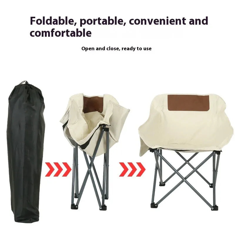 Beige folding camping chair with steel frame and Oxford cloth seat in open position
