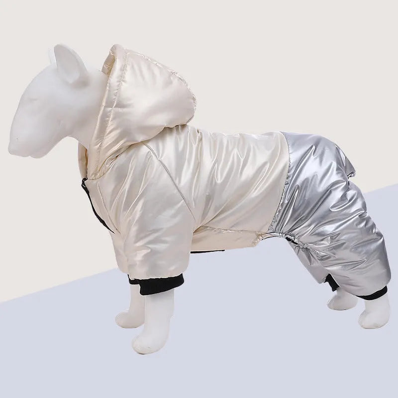 Green waterproof dog coat with four legs and cotton padding shown on a canine model