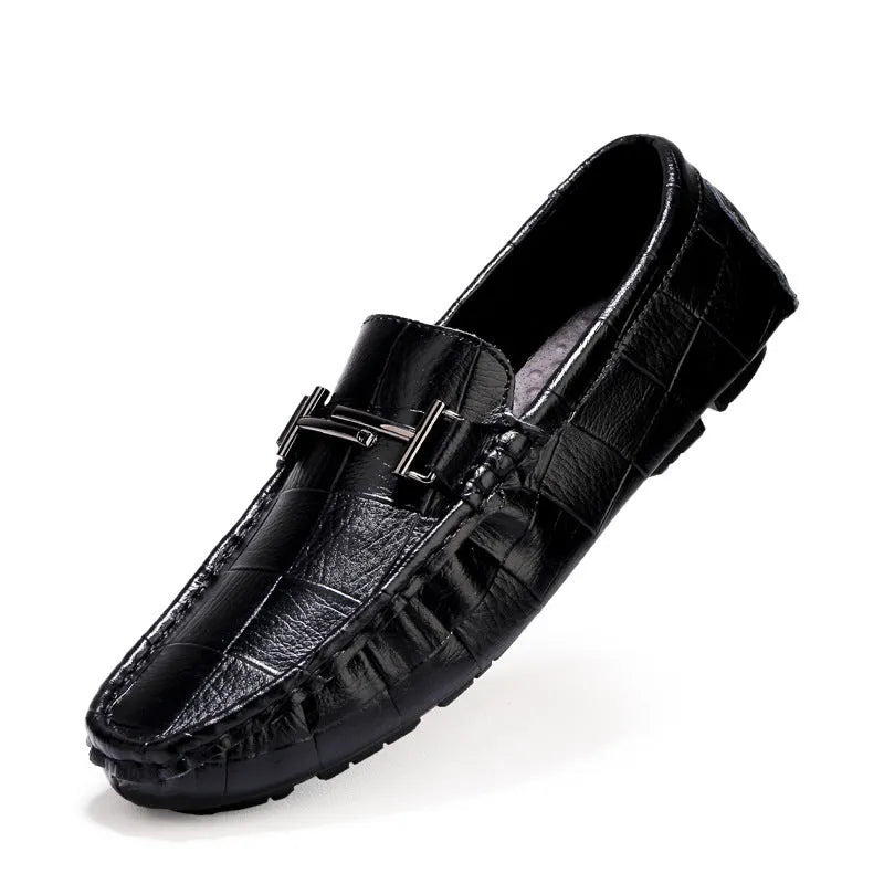 Men's casual leather loafers with belt buckle detail showing black colour option