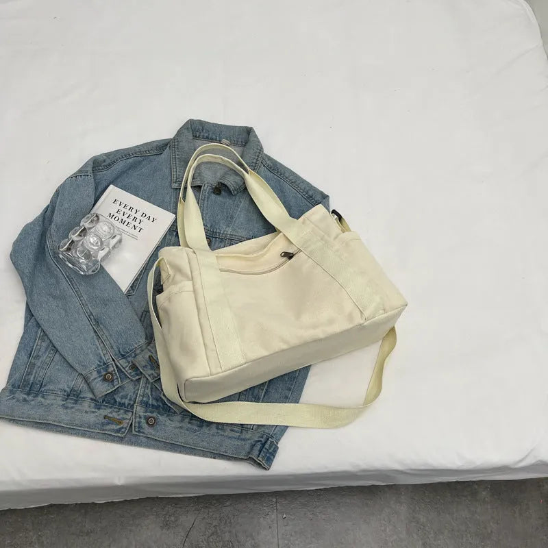 Women's canvas shoulder tote bag with sandwich pocket in solid colour options
