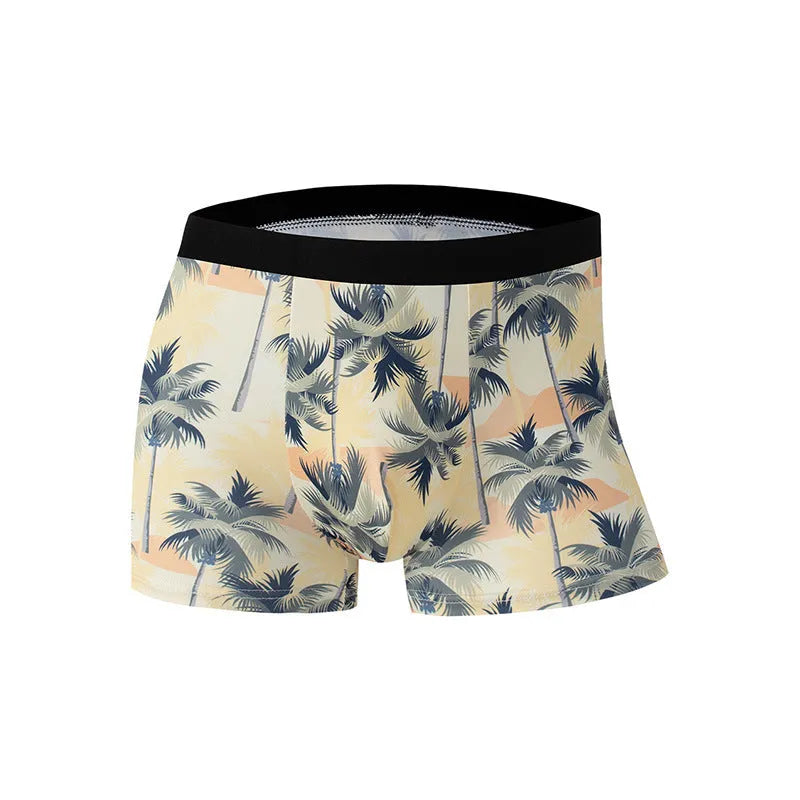 Ice silk men's underwear with fashion printing in polyester fabric, showing mid-waist design and breathable construction