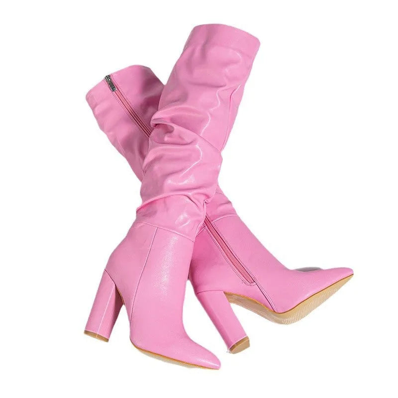 Women's white pointed toe high-heel boot with side zipper and high cylinder design