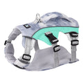 Light blue reflective dog cooling chest strap adjustable harness on a size chart.