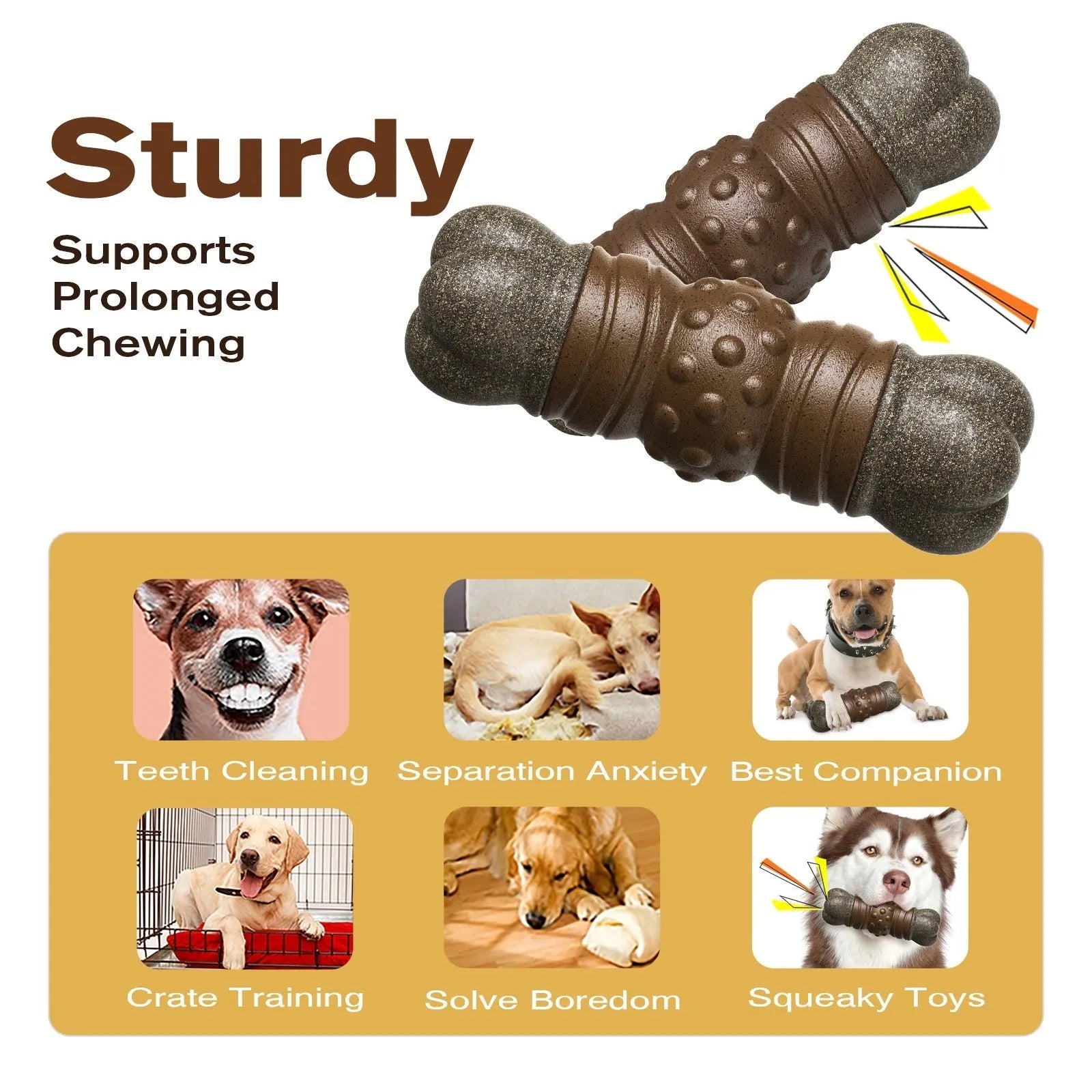 Wood colour plastic dog dental chew toy with molar rod design for teeth cleaning