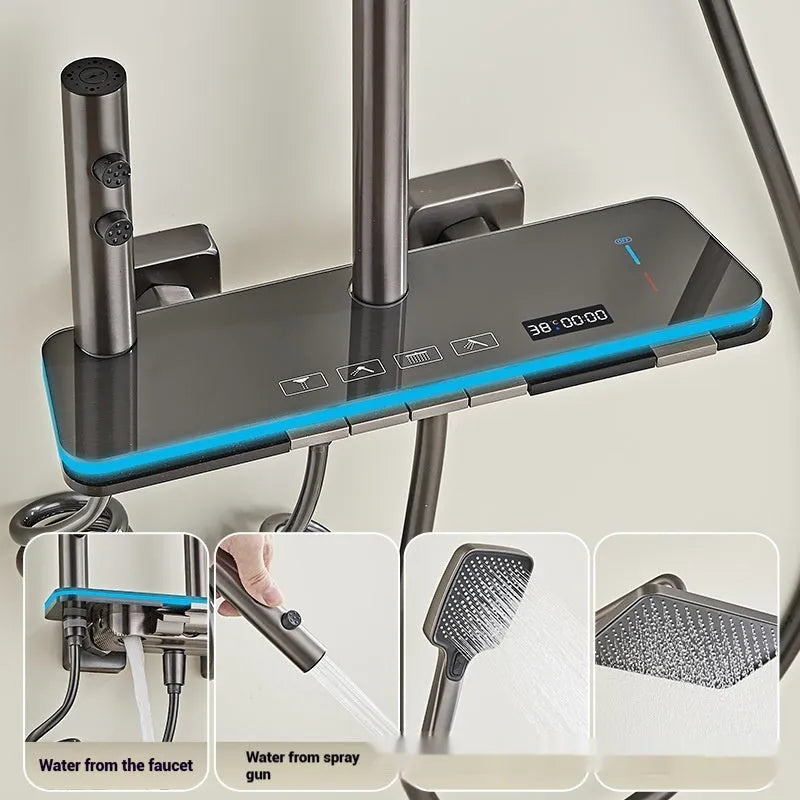 Aluminium digital display thermostatic shower head set for wall installation