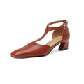 Wine red retro square toe chunky heel sheepskin leather shoes with buckle fastening