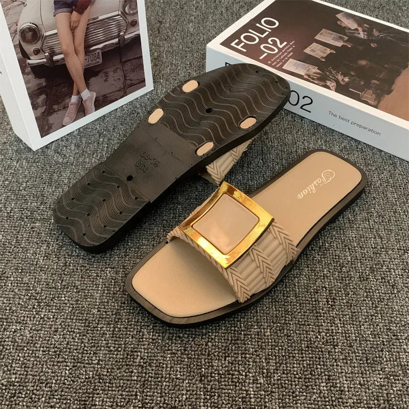 Women's summer casual flat slippers with PVC sole in apricot, black, or khaki colour options