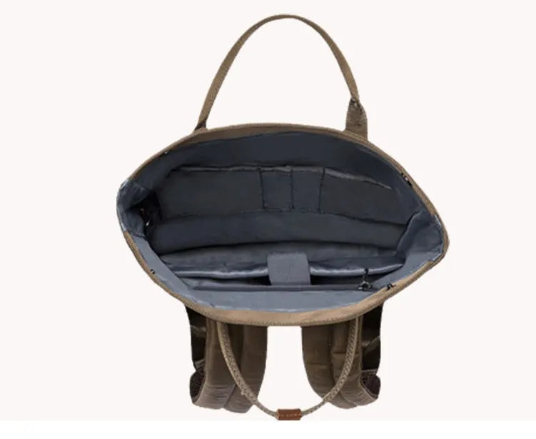 Casual polyester backpack with cover flap open, showing internal laptop pocket and zipper pocket.