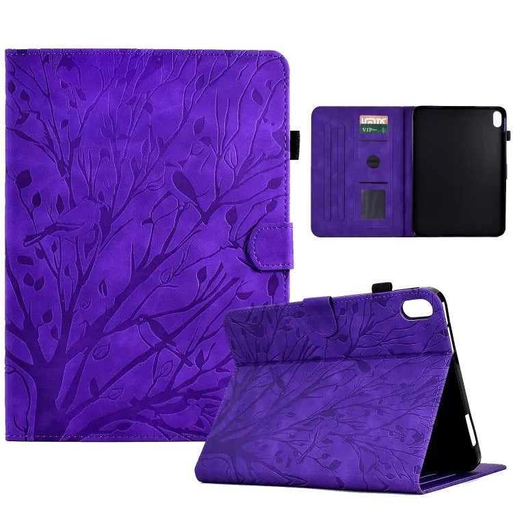 Black imitation leather tablet case with Pachira macrocarpa engraving and built-in viewing bracket open.