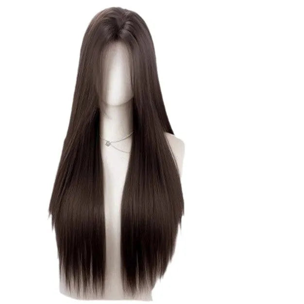 Natural black straight forehead lace wig with styling accessories displayed on bracket